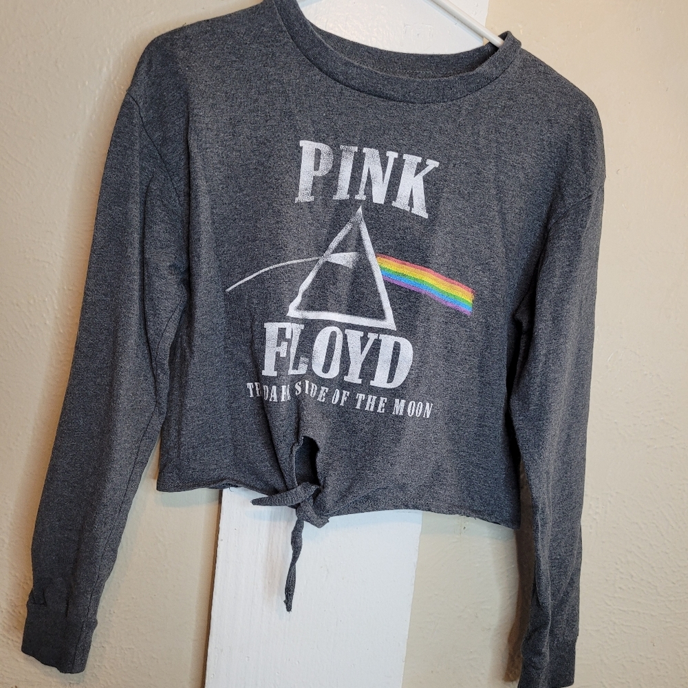 Pink Floyd Sweatshirt Cropped Tie Front Knot Gray Womens Junior Size Medium